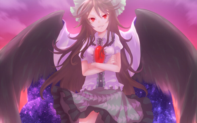 Anime Girl with Wings — Purple, Dramatic, Night, Digital Art, Red Eyes