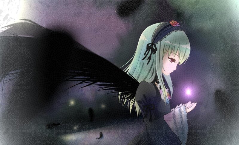 Anime Girl with Wings — Purple, Dramatic, Night, Digital Art, Rose