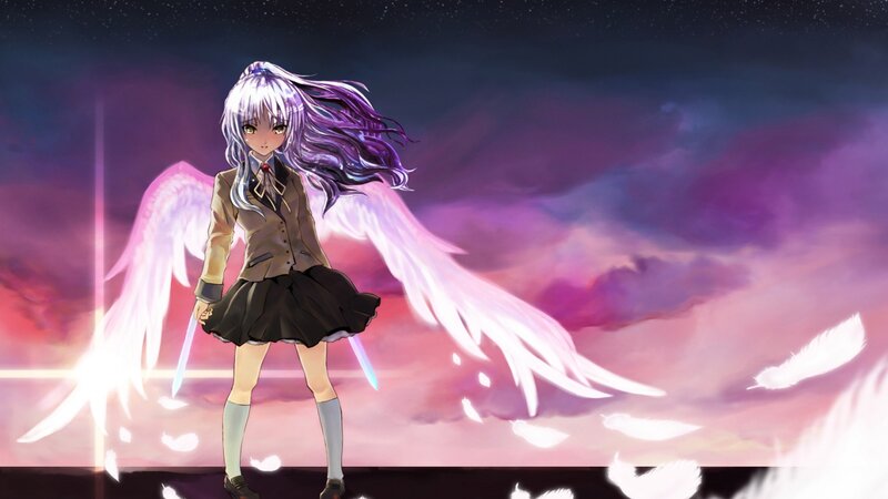 Anime Girl with Wings — Purple, Dramatic, Night, Digital Art, School Uniform, Feathers