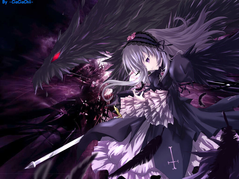 Anime Girl with Wings — Purple, Dramatic, Night, Digital Art, Sword, Dragon