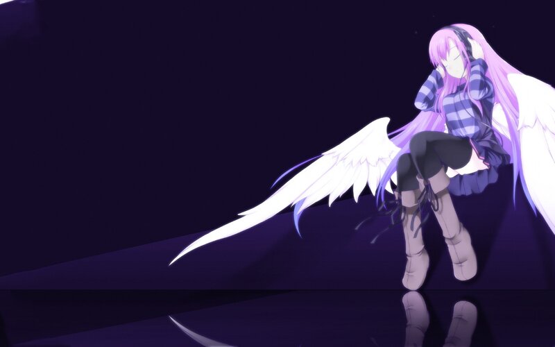 Anime Girl with Wings — Purple, Dramatic, Night, Headphones