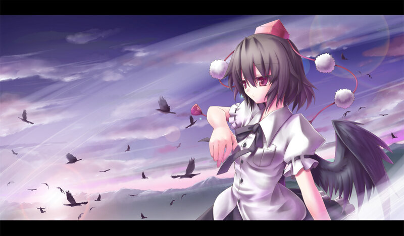 Anime Girl with Wings — Purple, Dramatic, Sunset, Digital Art, Birds