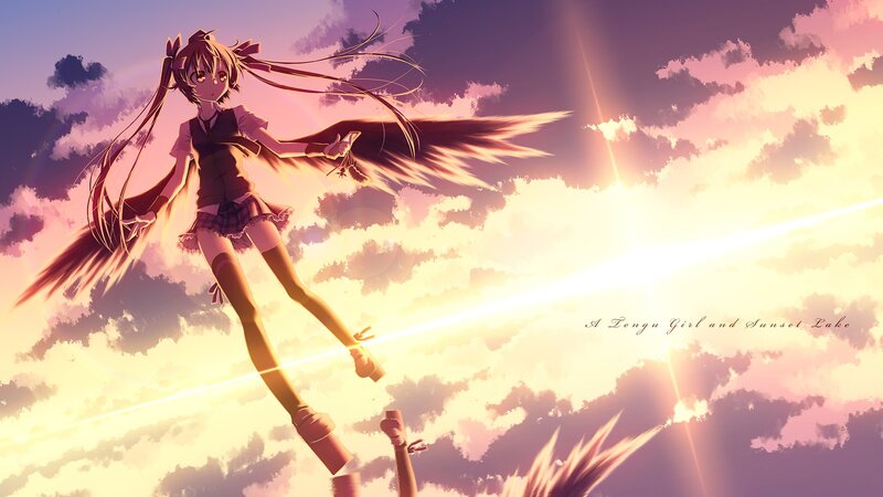 Anime Girl with Wings — Purple, Dramatic, Sunset, Digital Art, Clouds