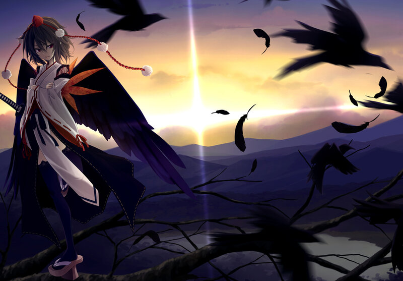 Anime Girl with Wings — Purple, Dramatic, Sunset, Digital Art, Crows