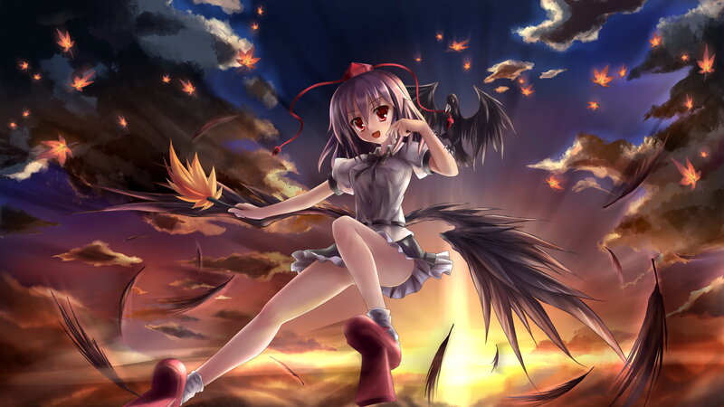 Anime Girl with Wings — Purple, Dramatic, Sunset, Digital Art, Fallen Leaves, Sky