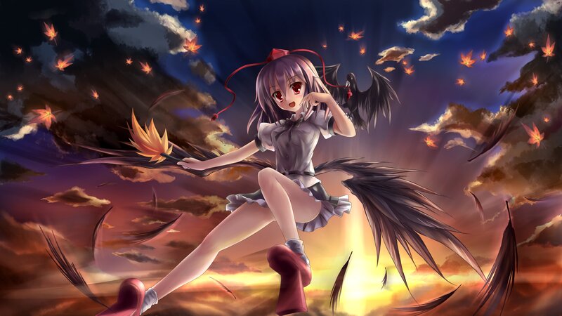 Anime Girl with Wings — Purple, Dramatic, Sunset, Digital Art, Fallen Leaves
