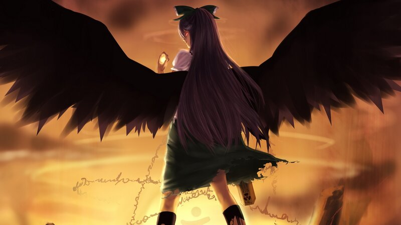 Anime Girl with Wings — Purple, Dramatic, Sunset, Digital Art, Skirt, Glowing Orb