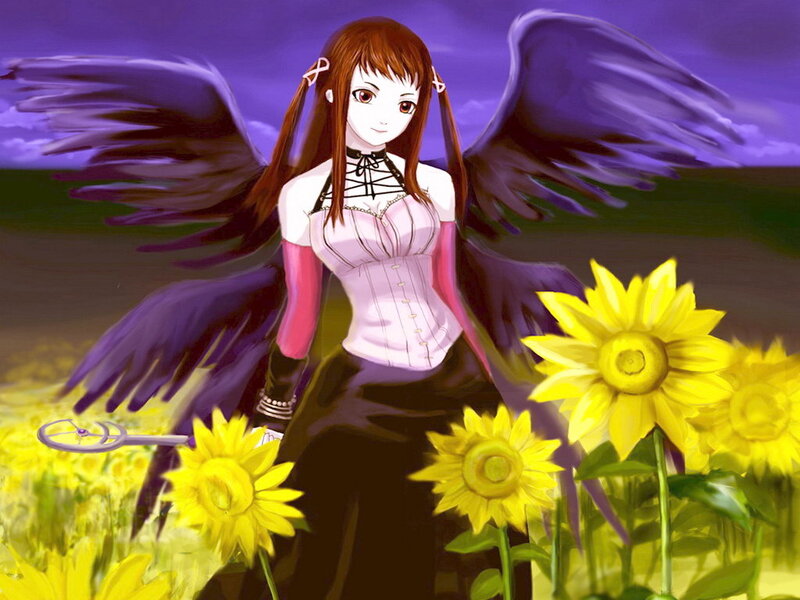 Anime Girl with Wings — Purple, Dramatic, Sunset, Digital Art, Sunflowers