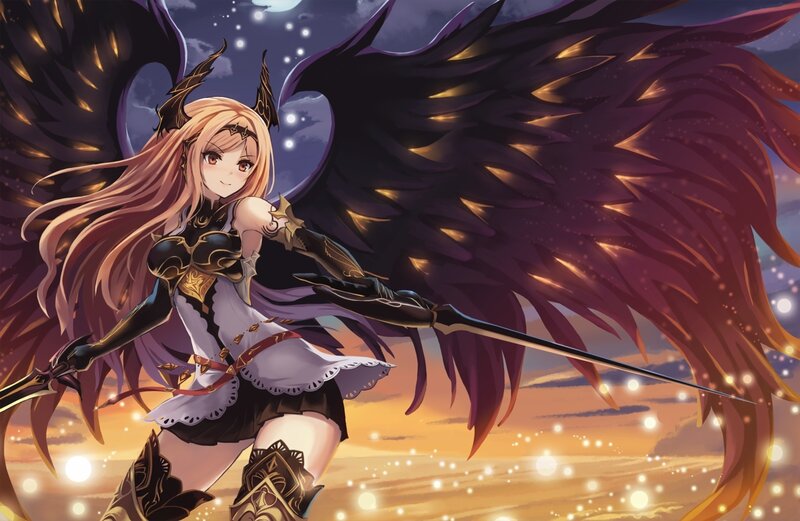 Anime Girl with Wings — Purple, Dramatic, Sunset, Digital Art, Sword, Night Sky