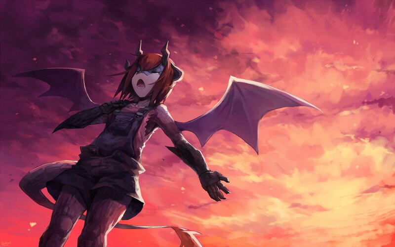 Anime Girl with Wings — Purple, Dramatic, Sunset, Digital Art, Tail