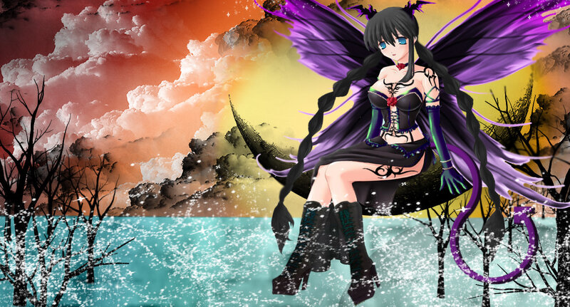 Anime Girl with Wings — Purple, Dramatic, Sunset, Digital Art