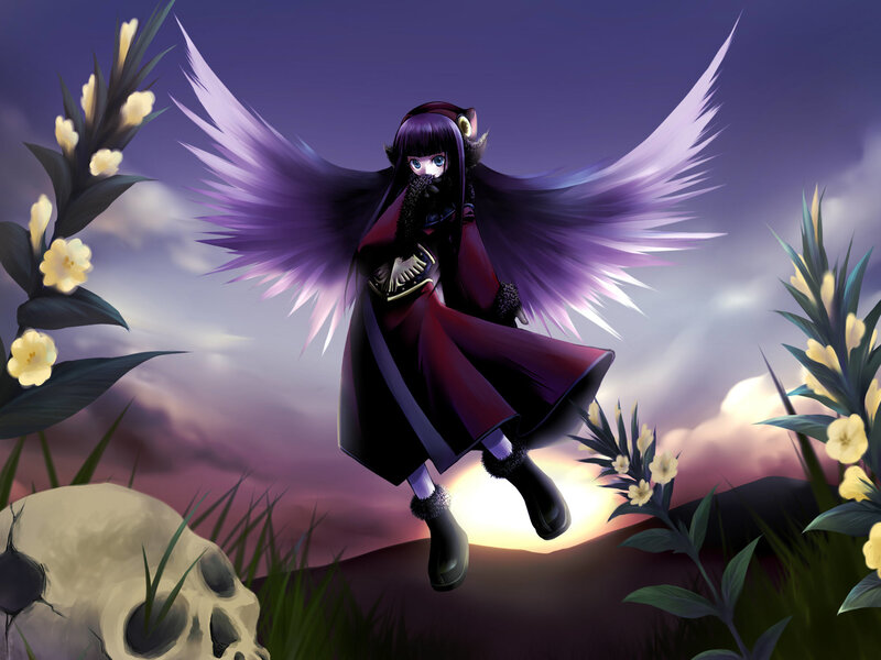 Anime Girl with Wings — Purple, Dramatic, Sunset