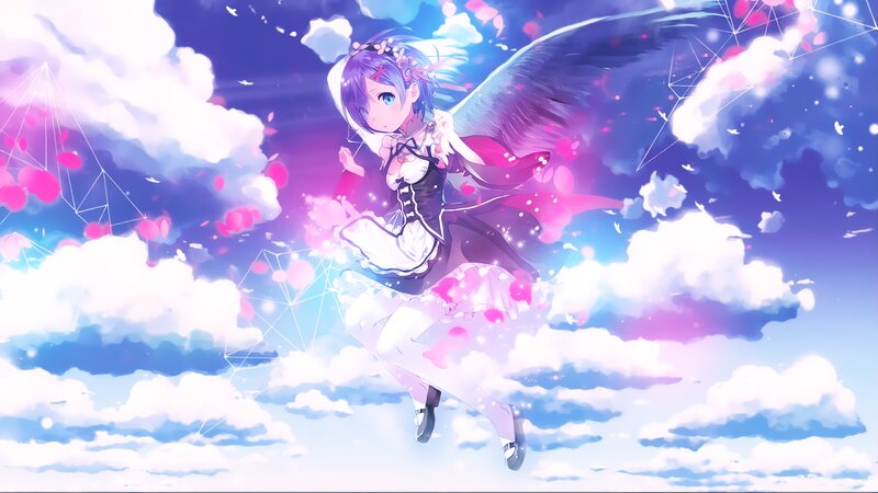 Anime Girl with Wings — Purple, Dreamy, Digital Art, Clouds