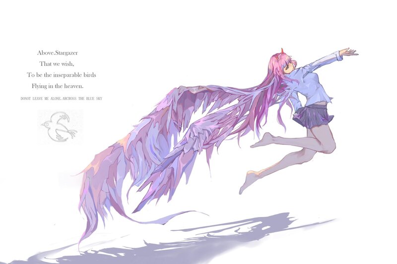 Anime Girl with Wings — Purple, Dreamy, Digital Art, Text