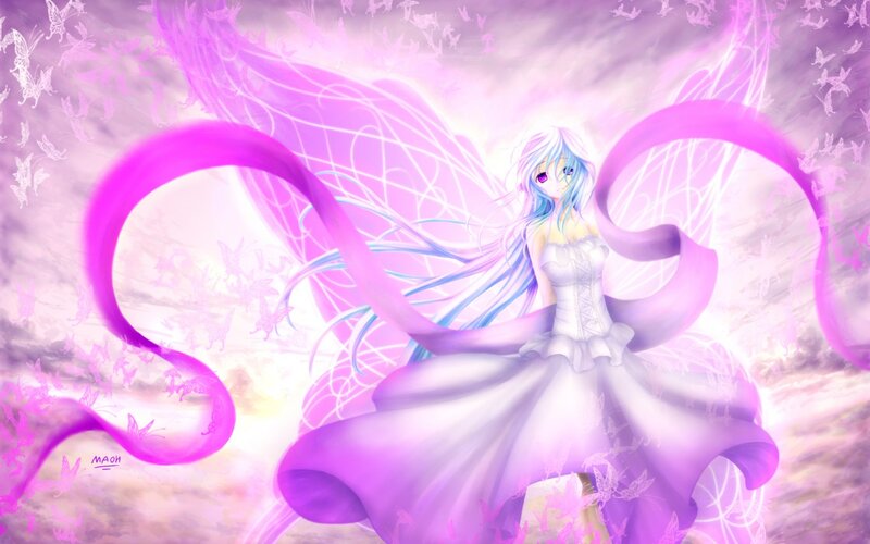 Anime Girl with Wings — Purple, Ethereal, Digital Art