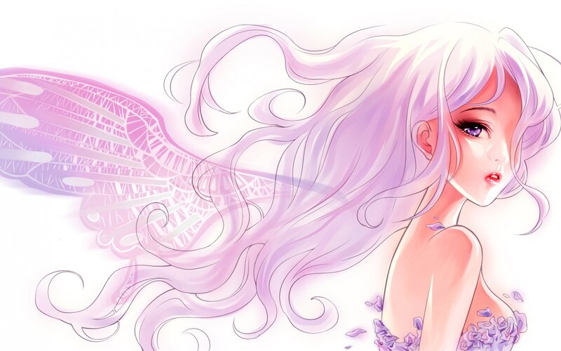 Anime Girl with Wings — Purple, Serene, Digital Art, Long Hair