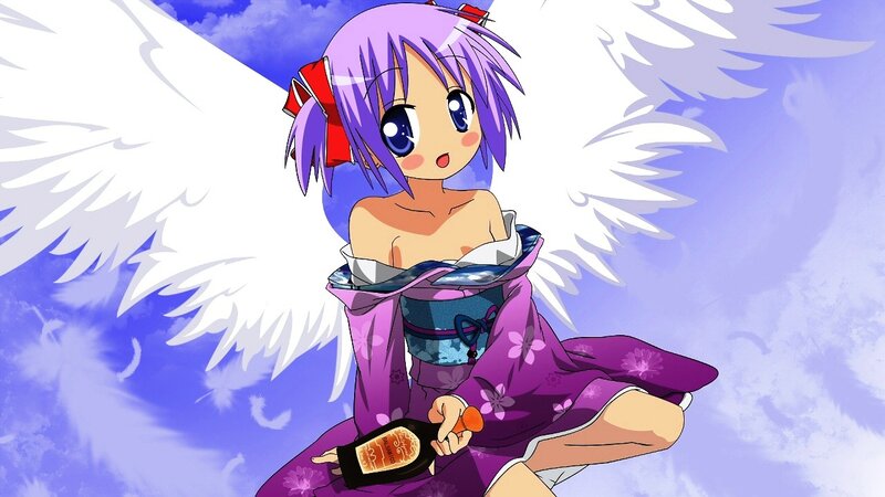 Anime Girl with Wings — Purple, Serene, Kimono, Bottle