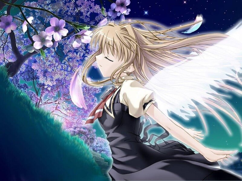 Anime Girl with Wings — Purple, Serene, Night, Cherry Blossoms