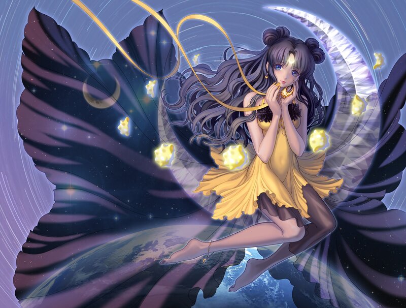 Anime Girl with Wings — Purple, Serene, Night, Digital Art, Earth