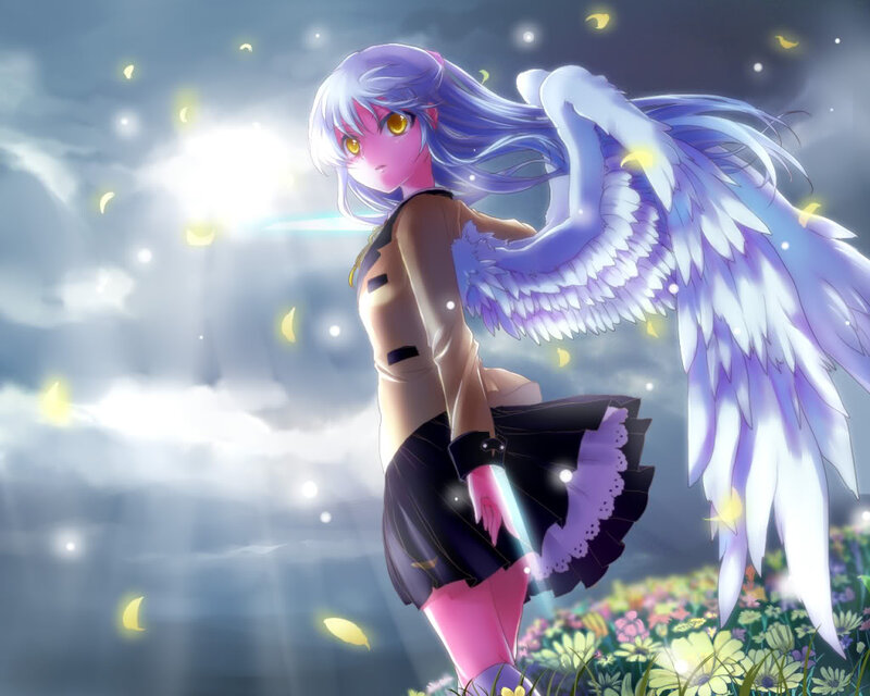 Anime Girl with Wings — Purple, Serene, Night, Digital Art, Flowers, Clouds