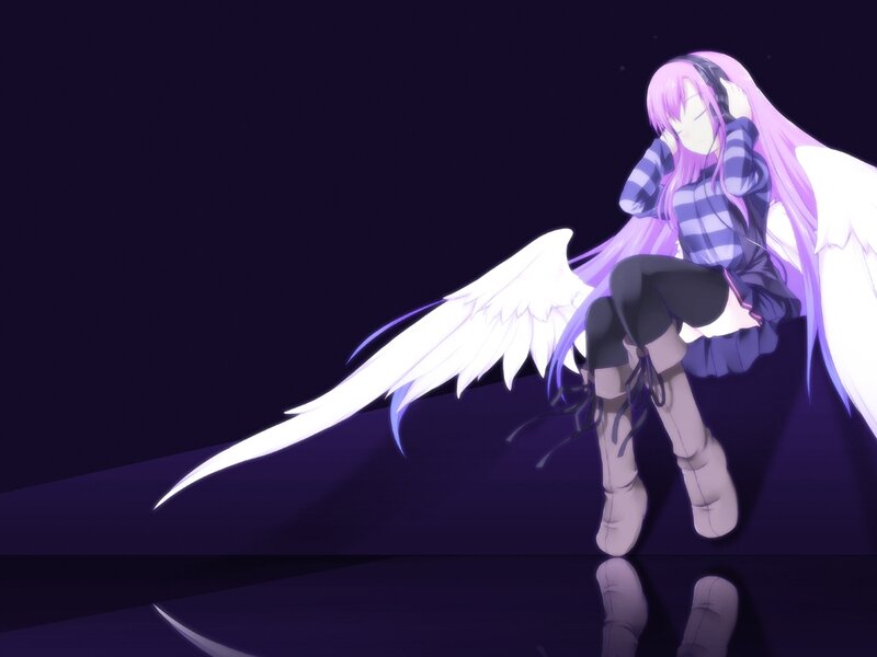 Anime Girl with Wings — Purple, Serene, Night, Digital Art, Headphones, Long Hair, White, Black