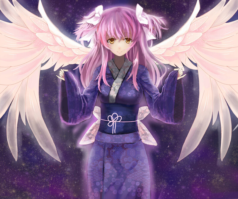 Anime Girl with Wings — Purple, Serene, Night, Digital Art, Kimono