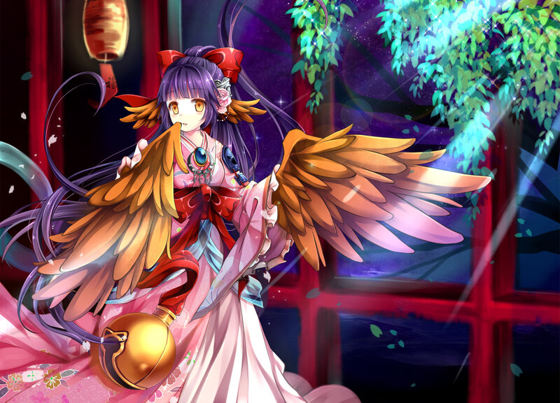 Anime Girl with Wings — Purple, Serene, Night, Digital Art, Lantern, Tree