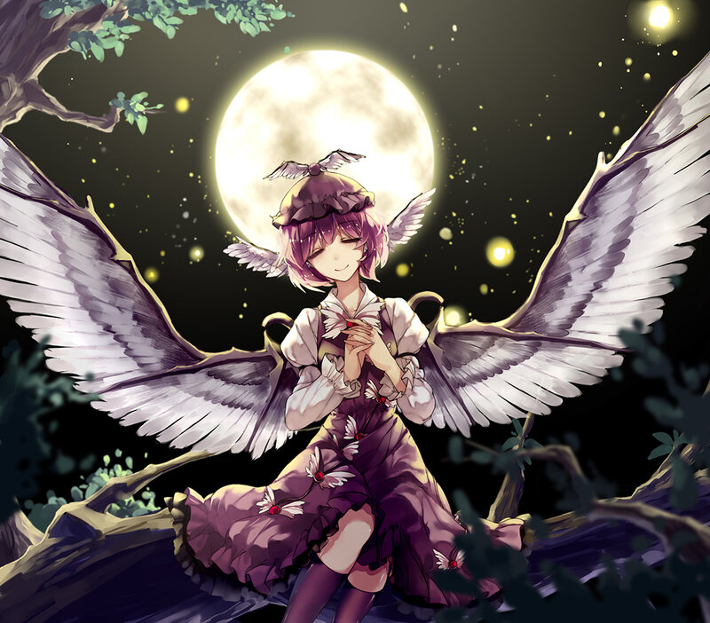 Anime Girl with Wings — Purple, Serene, Night, Digital Art, Moon, Tree