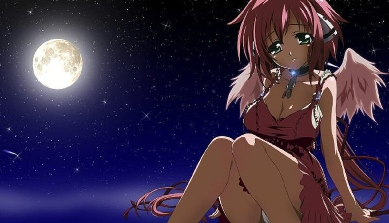 Anime Girl with Wings — Purple, Serene, Night, Moon