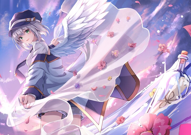 Anime Girl with Wings — Purple, Serene, Spring, Digital Art, Flowers