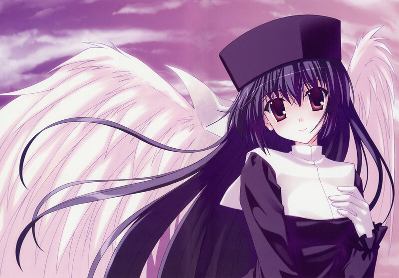 Anime Girl with Wings — Purple, Serene, Sunset, Nun Hat