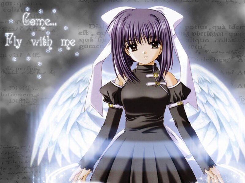 Anime Girl with Wings — Purple, Serene, Text