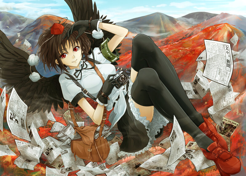 Anime Girl with Wings — Red, Dramatic, Autumn, Digital Art, Camera