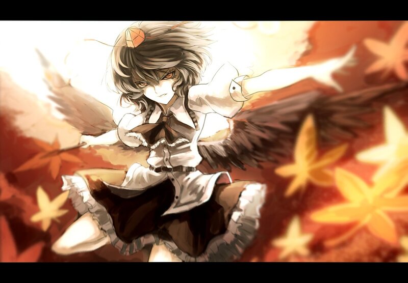 Anime Girl with Wings — Red, Dramatic, Autumn, Digital Art, Maple Leaves, Sakura