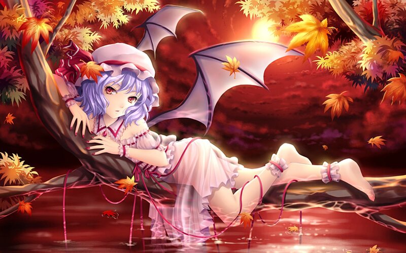 Anime Girl with Wings — Red, Dramatic, Autumn, Digital Art, Maple Leaves