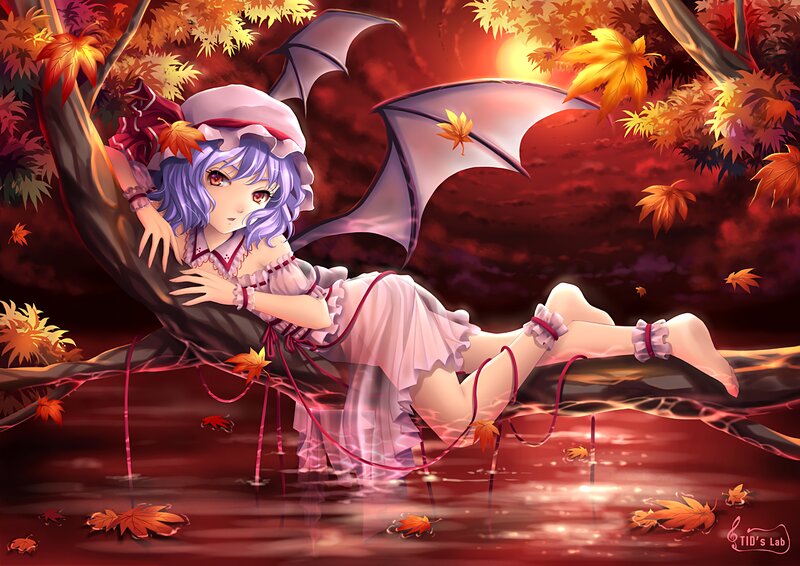 Anime Girl with Wings — Red, Dramatic, Autumn, Digital Art, Maple Leaves, Tree Branch