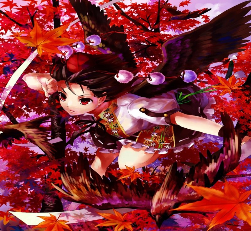 Anime Girl with Wings — Red, Dramatic, Autumn, Digital Art, Red Maple Leaves