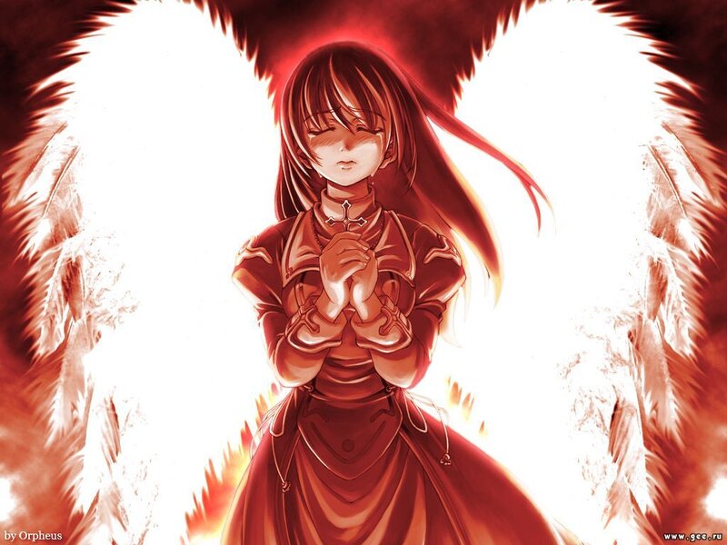 Anime Girl with Wings — Red, Dramatic, Cross
