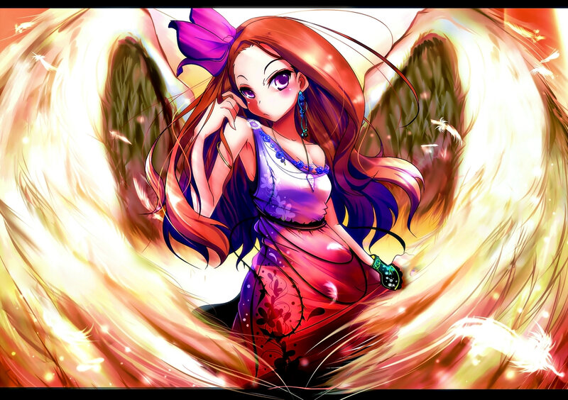 Anime Girl with Wings — Red, Dramatic, Digital Art, Bow