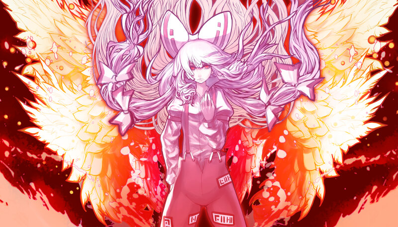 Anime Girl with Wings — Red, Dramatic, Digital Art, Bows
