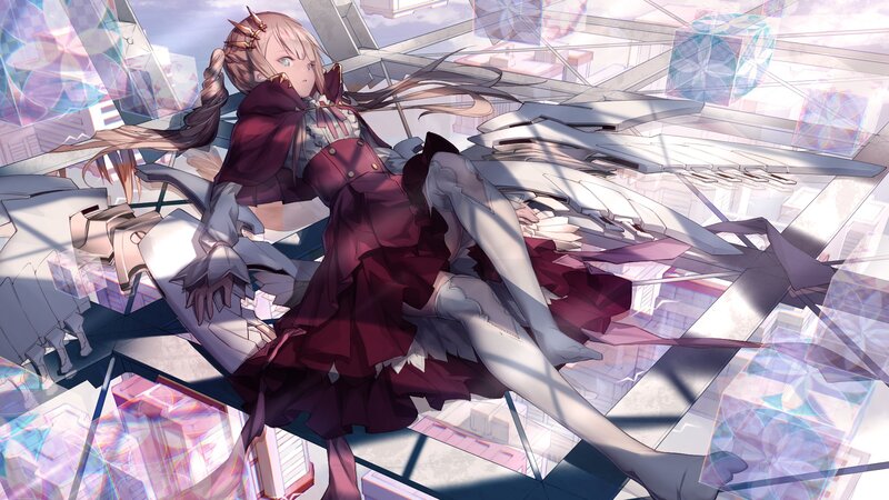 Anime Girl with Wings — Red, Dramatic, Digital Art, Cityscape