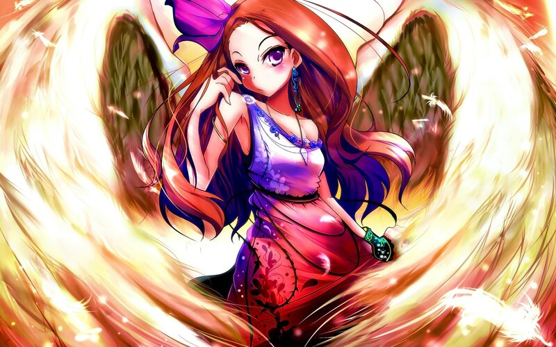 Anime Girl with Wings — Red, Dramatic, Digital Art, Dress, Bow