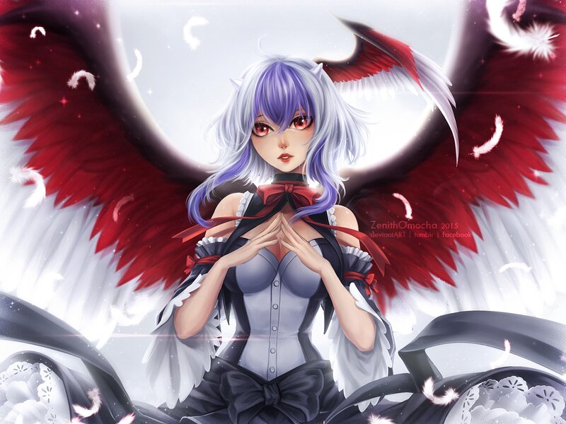 Anime Girl with Wings — Red, Dramatic, Digital Art, Feathers
