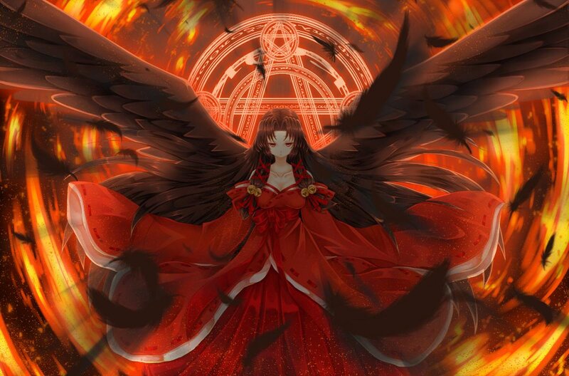 Anime Girl with Wings — Red, Dramatic, Digital Art, Fire, Magic Circle