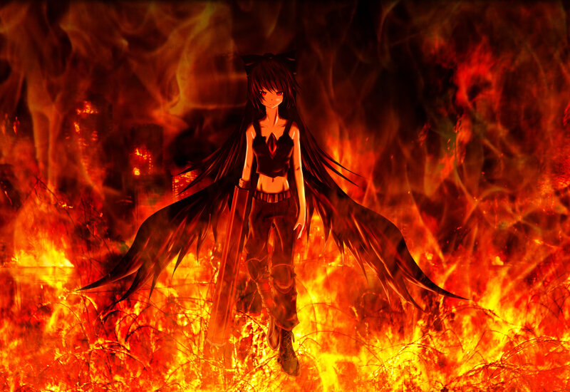 Anime Girl with Wings — Red, Dramatic, Digital Art, Fire, Sword