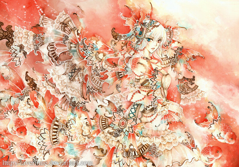 Anime Girl with Wings — Red, Dramatic, Digital Art, Fish