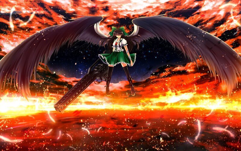 Anime Girl with Wings — Red, Dramatic, Digital Art, Gun