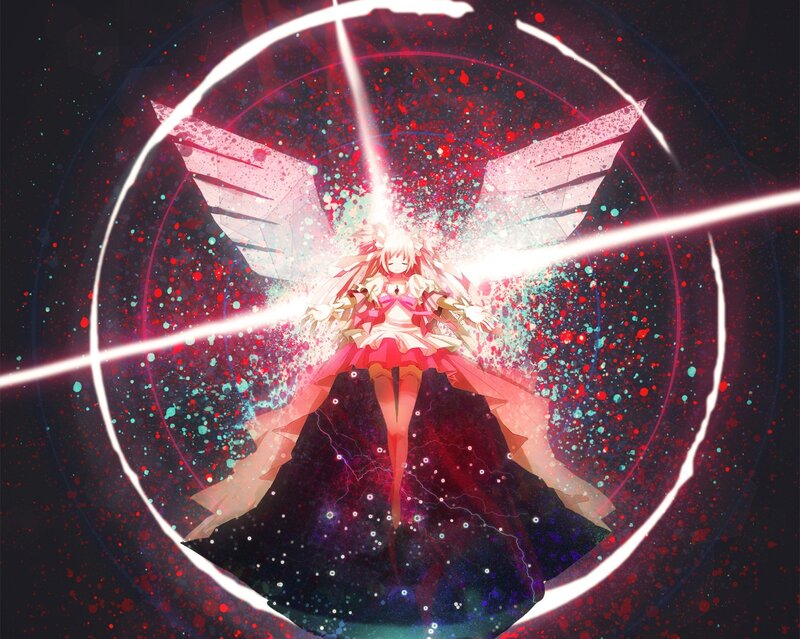 Anime Girl with Wings — Red, Dramatic, Digital Art, Light Beams