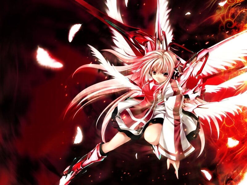 Anime Girl with Wings — Red, Dramatic, Digital Art, Red Background