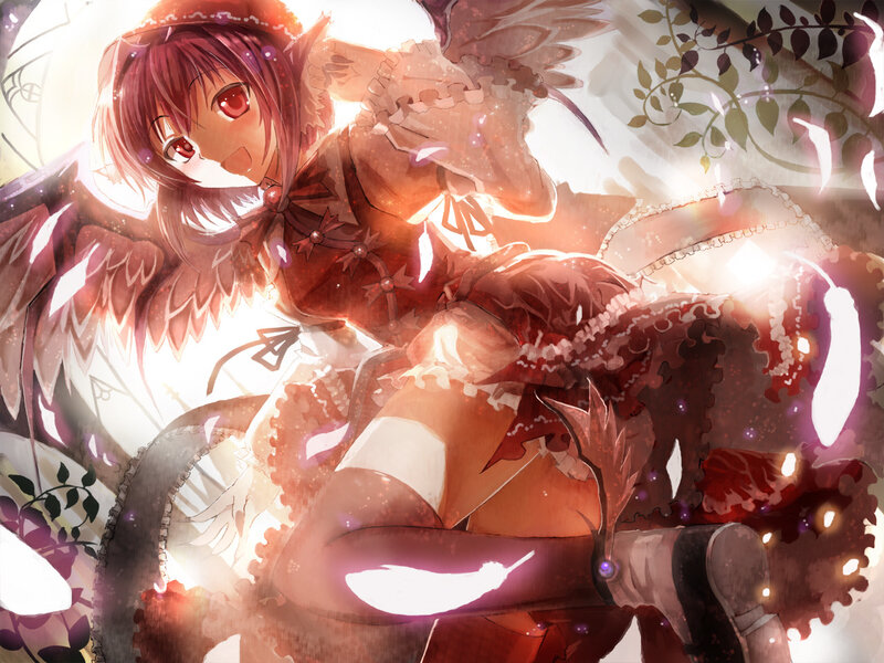 Anime Girl with Wings — Red, Dramatic, Digital Art, Red Eyes